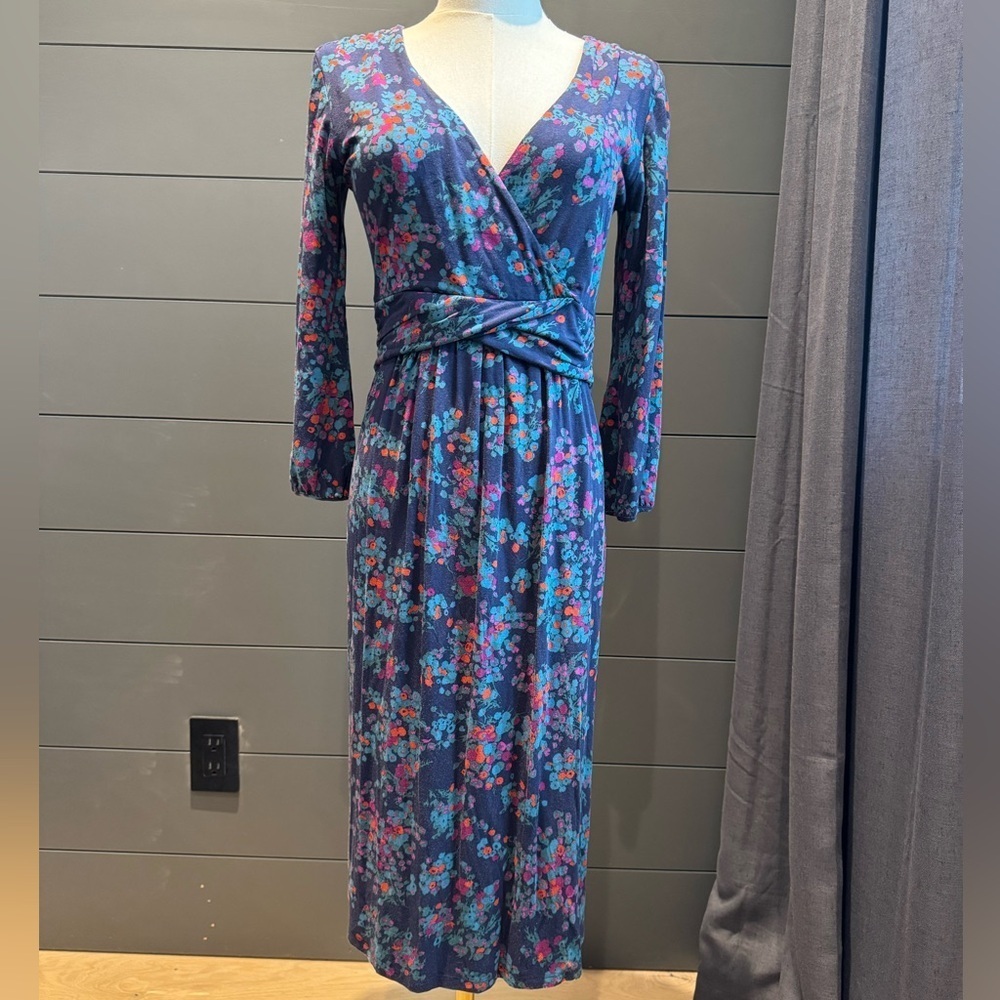 Boden V Neck Long Sleeve Navy Floral Wrap Dress Cottagecore Classic Stretchy